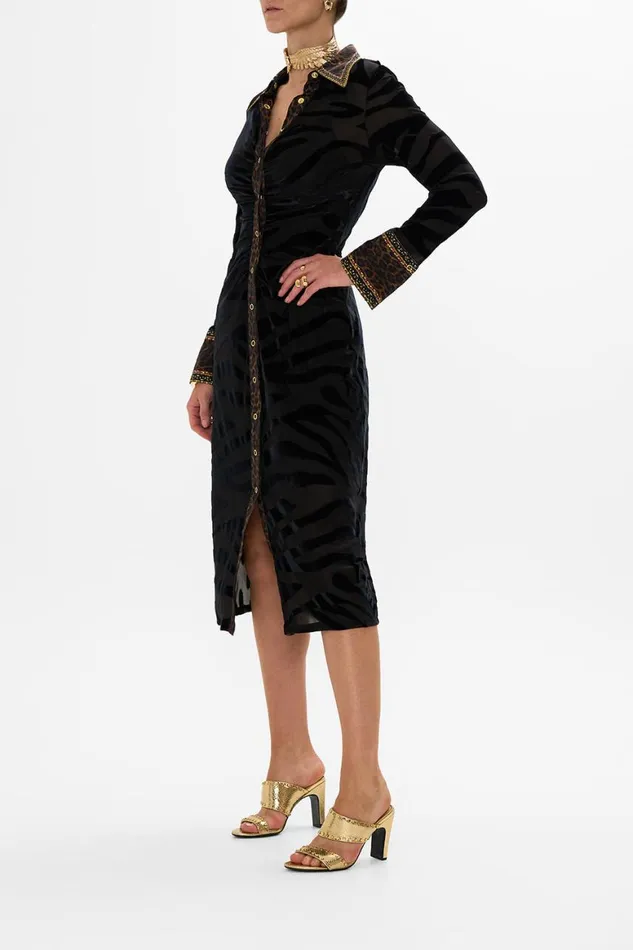 STRETCH VELVET ANIMAL SHIRT DRESS AMSTERGLAM Amsterglam Womens Camilla Dresses