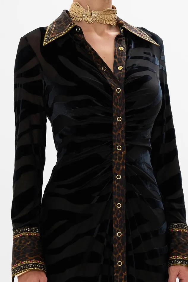 STRETCH VELVET ANIMAL SHIRT DRESS AMSTERGLAM Amsterglam Womens Camilla Dresses
