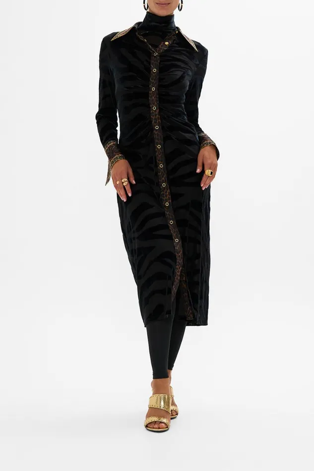 STRETCH VELVET ANIMAL SHIRT DRESS AMSTERGLAM Amsterglam Womens Camilla Dresses