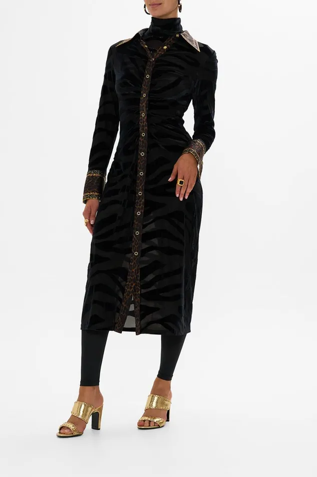 STRETCH VELVET ANIMAL SHIRT DRESS AMSTERGLAM Amsterglam Womens Camilla Dresses