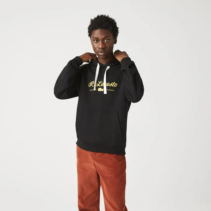 Sweaters and Sweatshirts Men Lacoste Mens Embroidered Lettering Hooded Cotton Fleece Sweatshirt Black 031