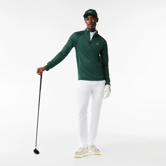 Sweaters and Sweatshirts Men Lacoste Mens QuarterZip Golf Sweatshirt Dark Green Green Rib