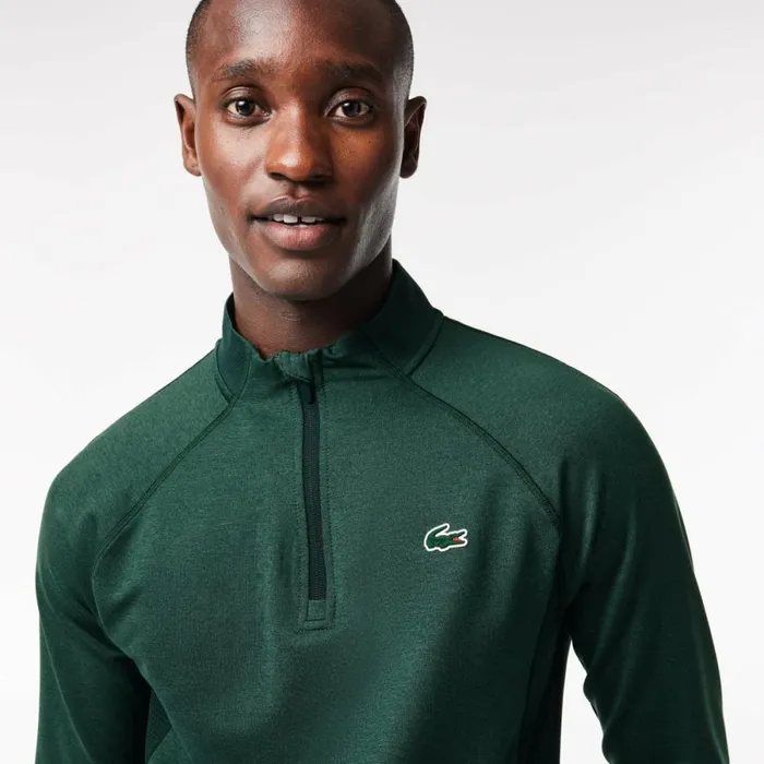 Sweaters and Sweatshirts Men Lacoste Mens QuarterZip Golf Sweatshirt Dark Green Green Rib