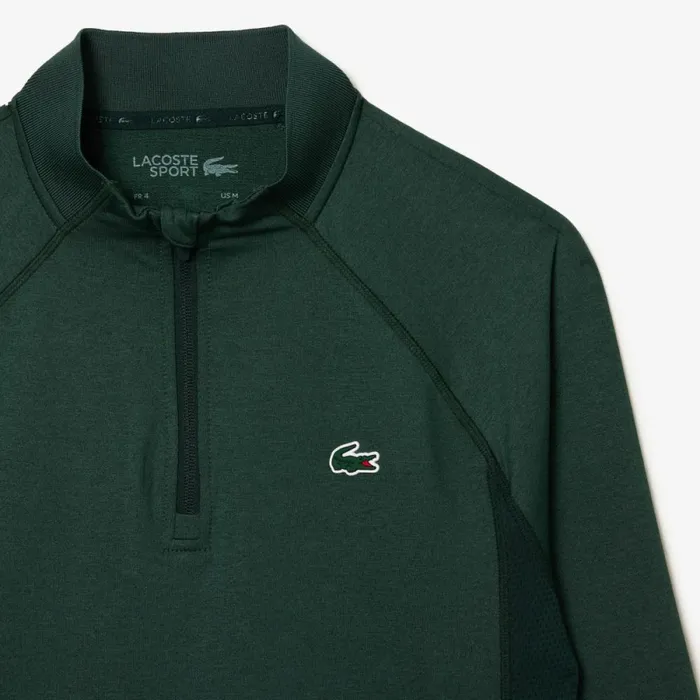 Sweaters and Sweatshirts Men Lacoste Mens QuarterZip Golf Sweatshirt Dark Green Green Rib