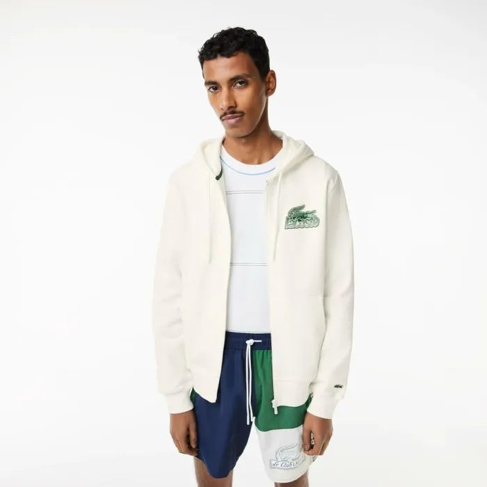 Sweaters and Sweatshirts Men Lacoste Mens Unbrushed Fleece ZipUp Hoodie White 70v