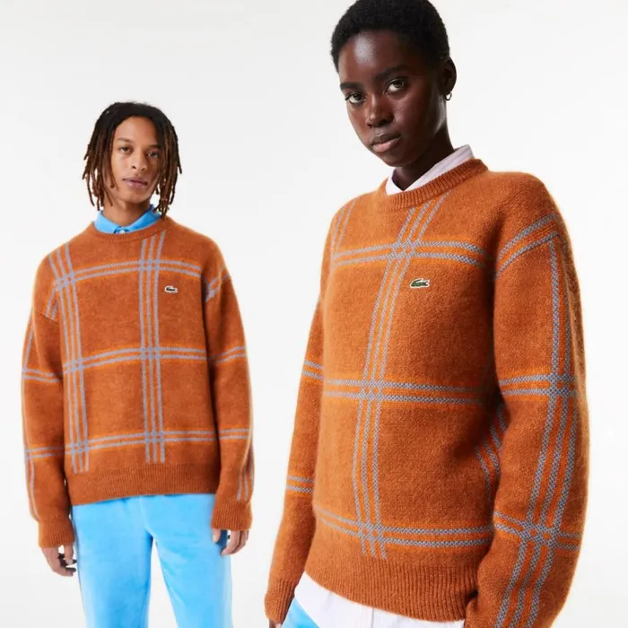 Sweaters and Sweatshirts MenWomen Lacoste Unisex Relaxed Fit Tartan Pattern Wool Blend Sweater Brown Blue Orange Vn2