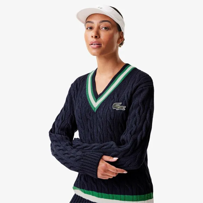Sweaters and Sweatshirts MenWomen Lacoste Unisex VNeck Cable Knit Striped Sweater Navy Blue Green White Uj7