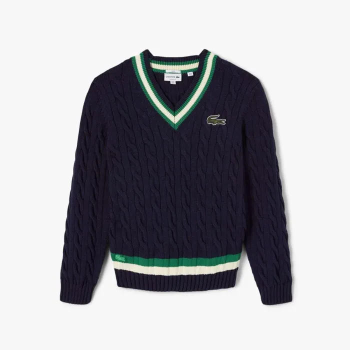 Sweaters and Sweatshirts MenWomen Lacoste Unisex VNeck Cable Knit Striped Sweater Navy Blue Green White Uj7