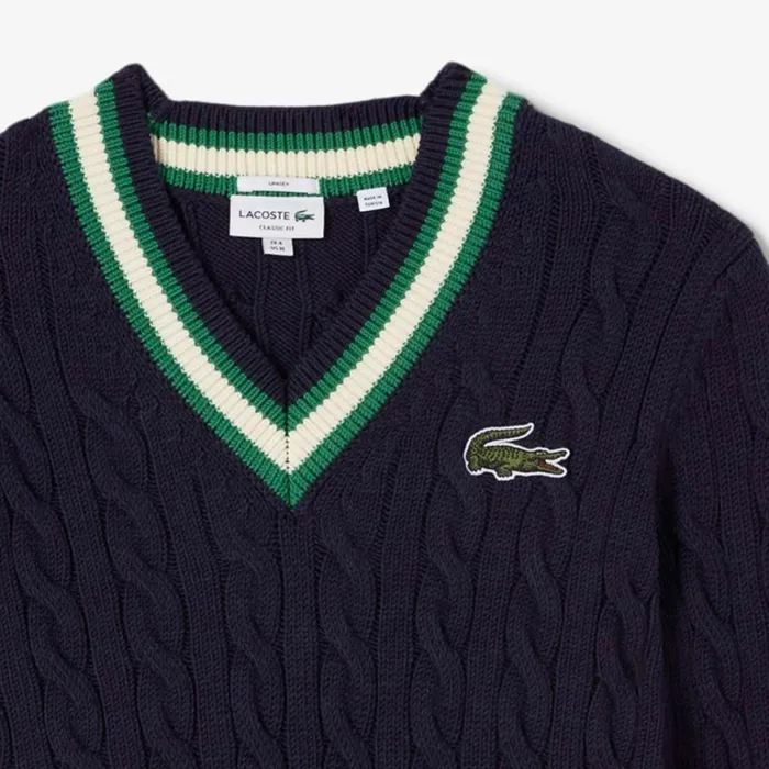 Sweaters and Sweatshirts MenWomen Lacoste Unisex VNeck Cable Knit Striped Sweater Navy Blue Green White Uj7