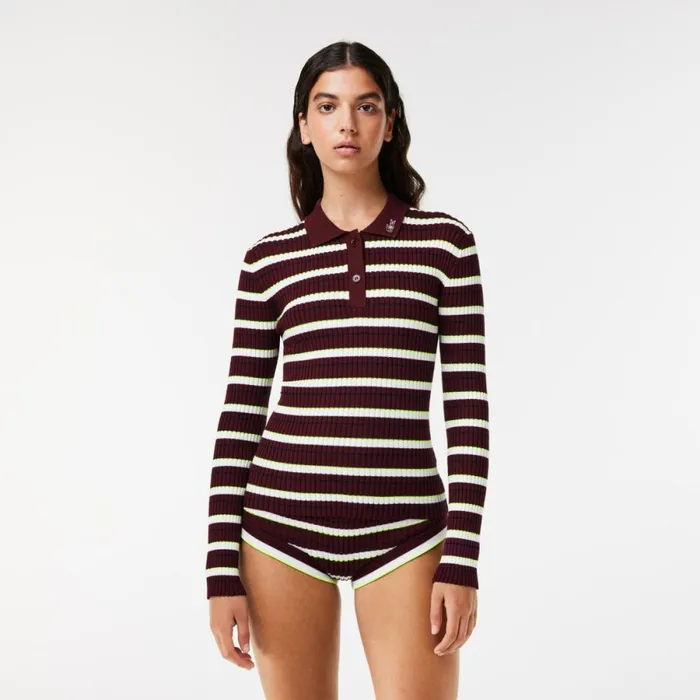 Sweaters and Sweatshirts Women Lacoste Lacoste X EleVen By Venus Ribbed Polo Collar Sweater Bordeaux White Iww Sweaters and Sweatshirts Women Lacoste Lacoste X EleVen By Venus Ribbed Polo Collar Sweater Bordeaux White Iww