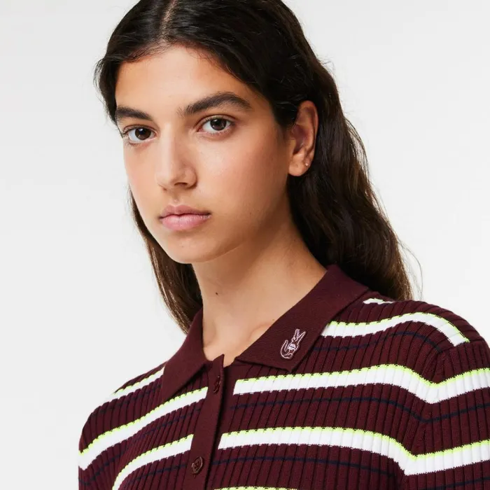 Sweaters and Sweatshirts Women Lacoste Lacoste X EleVen By Venus Ribbed Polo Collar Sweater Bordeaux White Iww