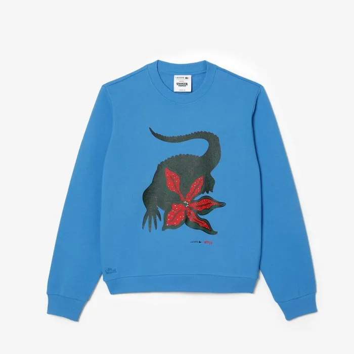 Sweaters and Sweatshirts Women Lacoste Womens Lacoste X Netflix Loose Fit Organic Cotton Fleece Sweatshirt Ethereal Blue L99