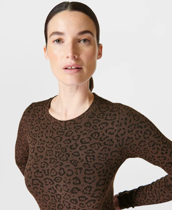 Sweaty Betty Glisten Seamless Long Sleeve Top Brown Leopard Markings Print Women Long Sleeve Tops