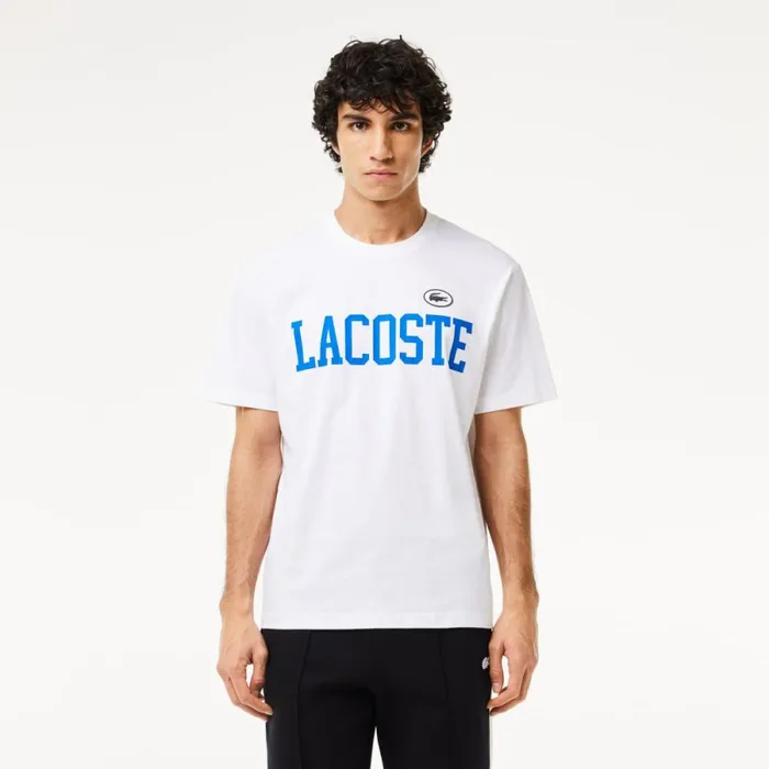 TShirts Men Lacoste Men039s Cotton Contrast Print and Badge TShirt White 001