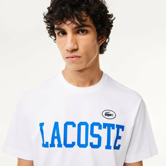 TShirts Men Lacoste Men039s Cotton Contrast Print and Badge TShirt White 001