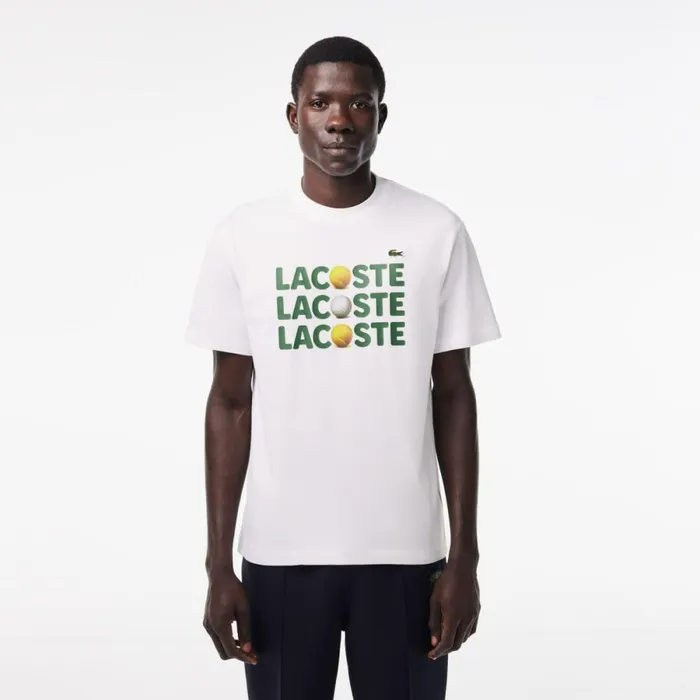 TShirts Men Lacoste Men039s Heavy Cotton Tennis Ball Print TShirt White 001