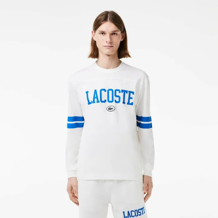 TShirts Men Lacoste Men039s Long Sleeve Brand Print TShirt White Blue Iup