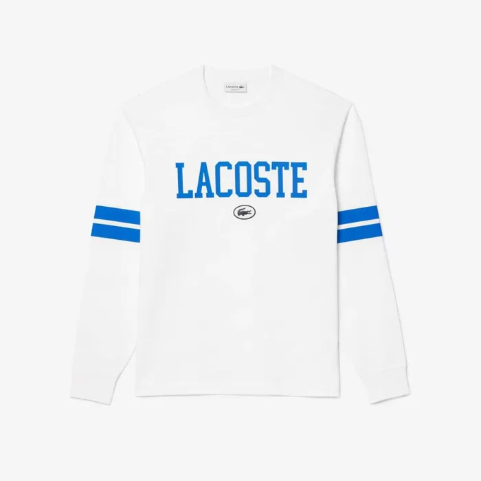 TShirts Men Lacoste Men039s Long Sleeve Brand Print TShirt White Blue Iup