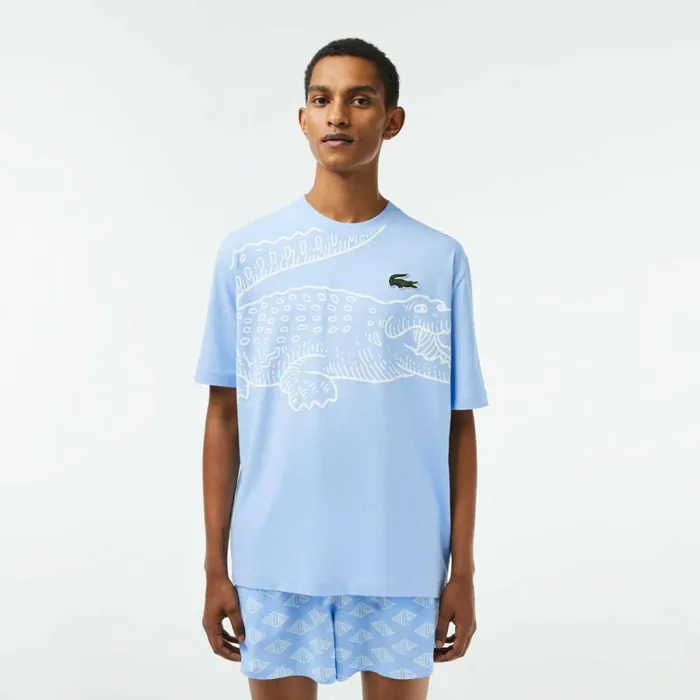 TShirts Men Lacoste Mens Loose Fit Crocodile Print Crew Neck TShirt Pastel Blue Hbp