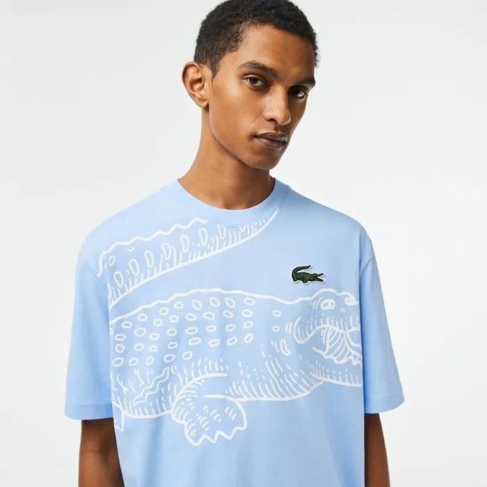 TShirts Men Lacoste Mens Loose Fit Crocodile Print Crew Neck TShirt Pastel Blue Hbp