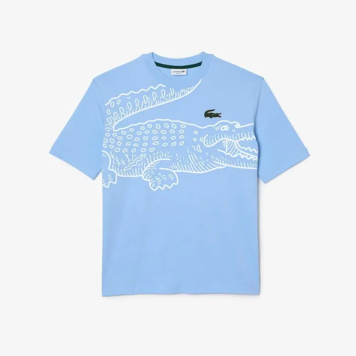 TShirts Men Lacoste Mens Loose Fit Crocodile Print Crew Neck TShirt Pastel Blue Hbp