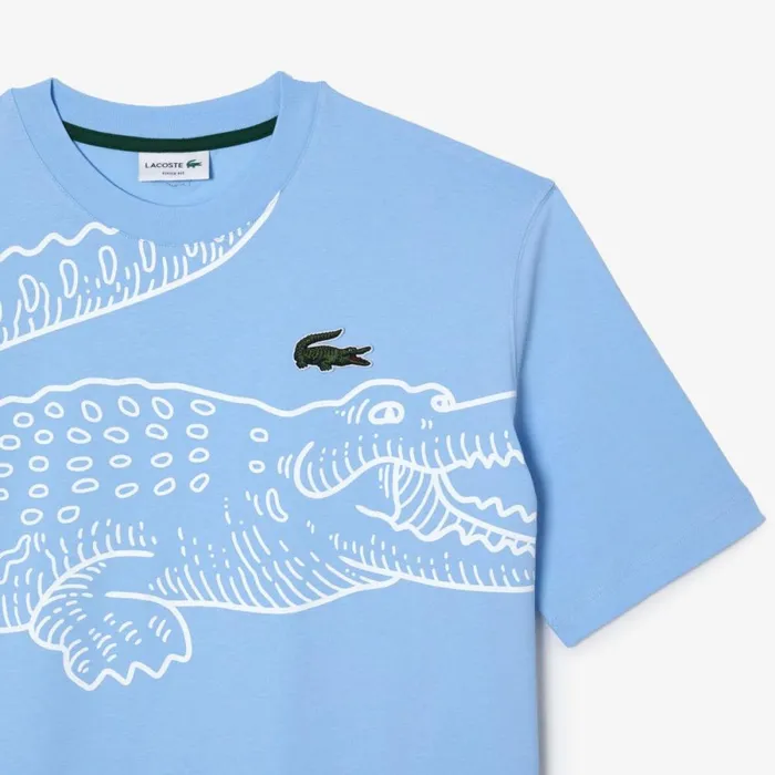 TShirts Men Lacoste Mens Loose Fit Crocodile Print Crew Neck TShirt Pastel Blue Hbp