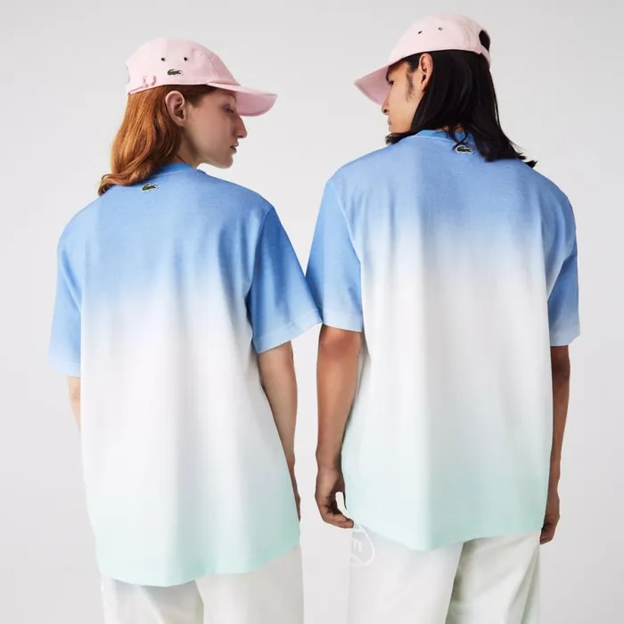 TShirts MenWomen Lacoste Unisex LIVE Loose Fit Gradated Print Cotton TShirt Blue White Turquoise 3ux