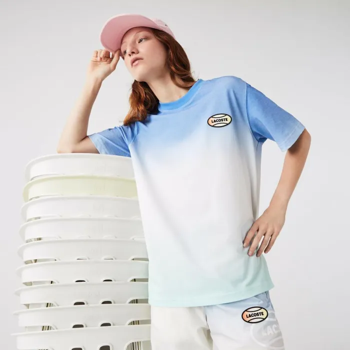 TShirts MenWomen Lacoste Unisex LIVE Loose Fit Gradated Print Cotton TShirt Blue White Turquoise 3ux