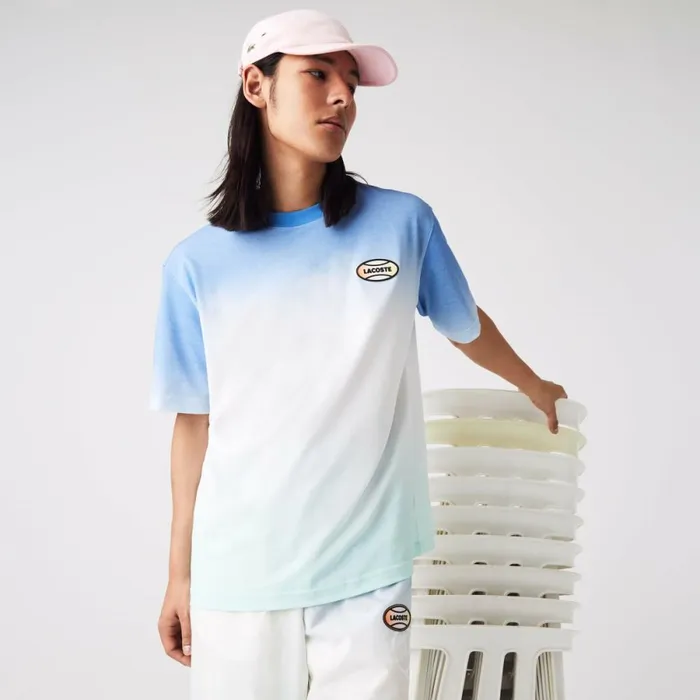 TShirts MenWomen Lacoste Unisex LIVE Loose Fit Gradated Print Cotton TShirt Blue White Turquoise 3ux