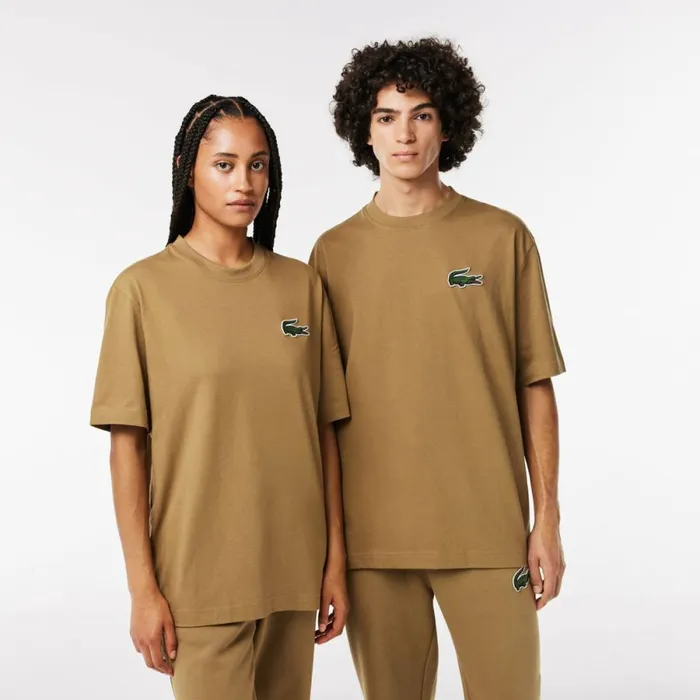 TShirts MenWomen Lacoste Unisex Loose Fit Large Croc Organic Heavy Cotton TShirt Brown Six