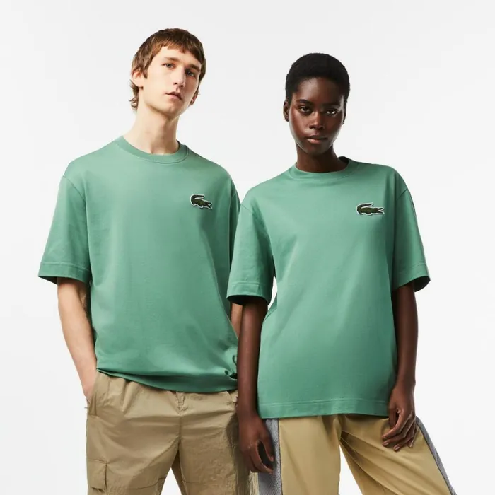 TShirts MenWomen Lacoste Unisex Loose Fit Large Croc Organic Heavy Cotton TShirt Khaki Green Kx5