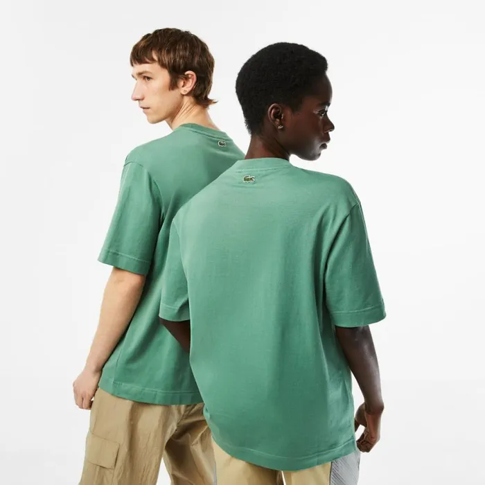 TShirts MenWomen Lacoste Unisex Loose Fit Large Croc Organic Heavy Cotton TShirt Khaki Green Kx5