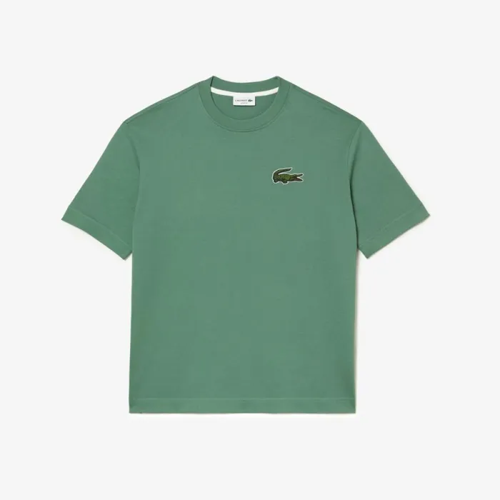 TShirts MenWomen Lacoste Unisex Loose Fit Large Croc Organic Heavy Cotton TShirt Khaki Green Kx5