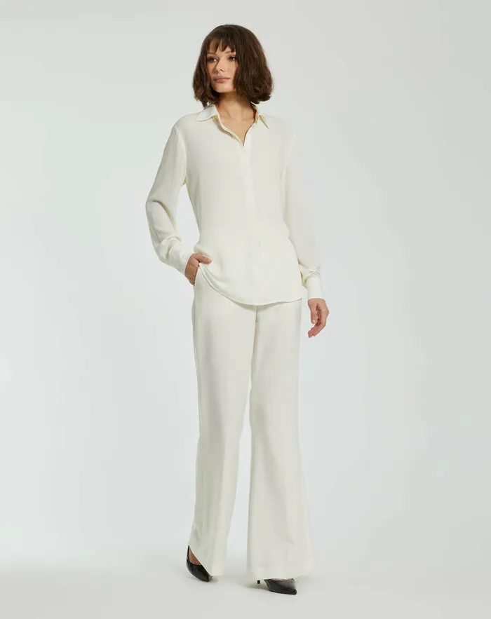 The Bentley Long Sleeve Button Up Georgette Blouse 8211 FINAL SALE Cream Blouses and Tops Mac Duggal Women