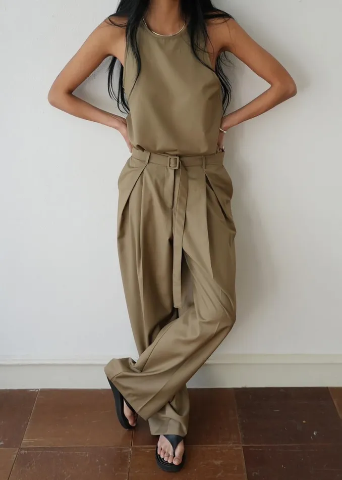 The Frankie Shop Clay Belted Pants 8211 Desert Taupe Shop Bottoms