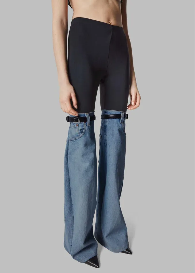 The Frankie Shop Coperni Hybrid Flare Denim Trousers 8211 BlackWashed Blue Shop Clothing