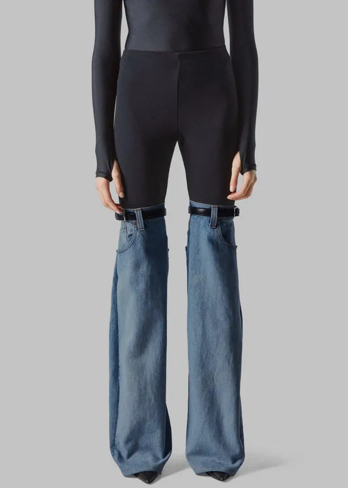 The Frankie Shop Coperni Hybrid Flare Denim Trousers 8211 BlackWashed Blue Shop Clothing