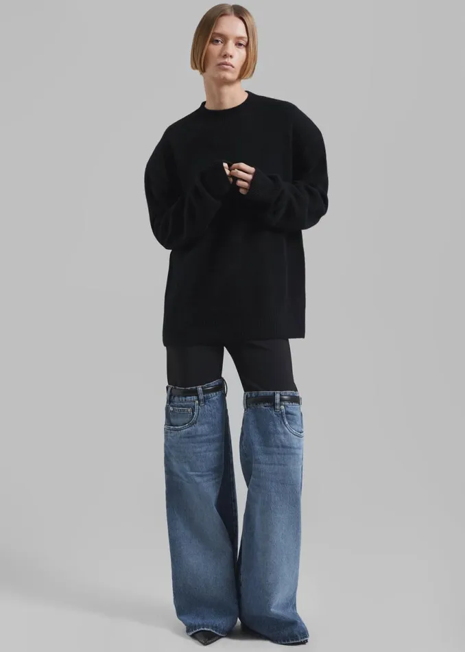The Frankie Shop Coperni Hybrid Flare Denim Trousers 8211 BlackWashed Blue Shop Clothing