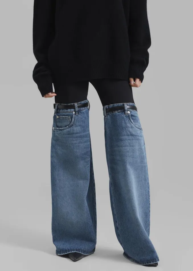 The Frankie Shop Coperni Hybrid Flare Denim Trousers 8211 BlackWashed Blue Shop Clothing