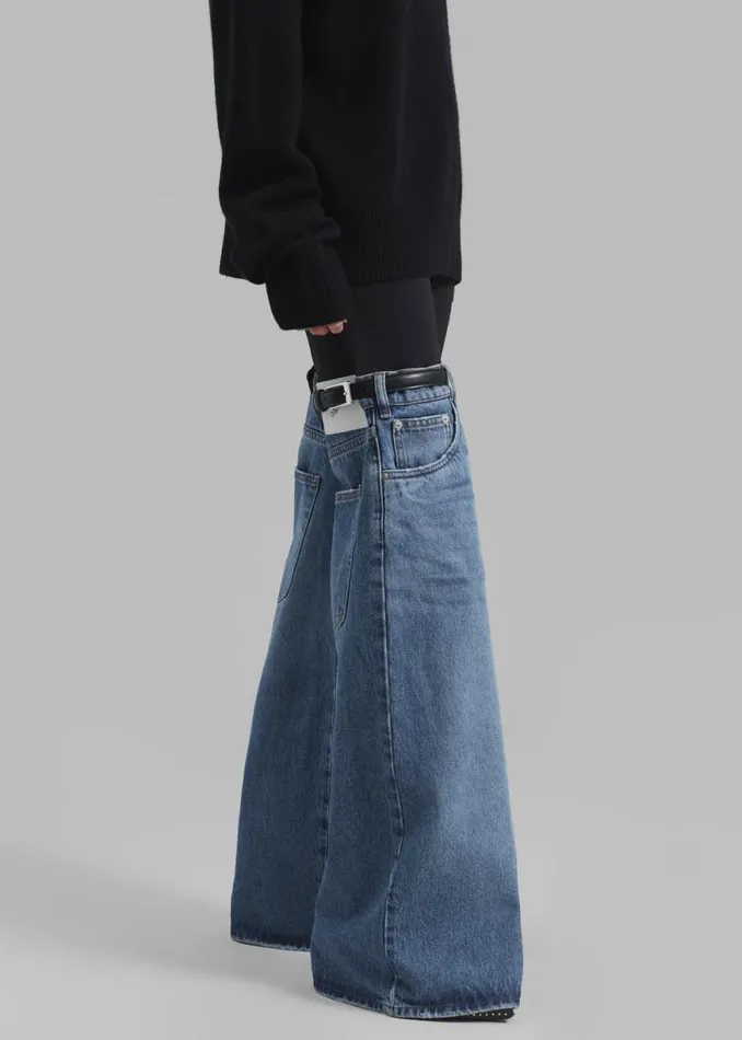 The Frankie Shop Coperni Hybrid Flare Denim Trousers 8211 BlackWashed Blue Shop Clothing