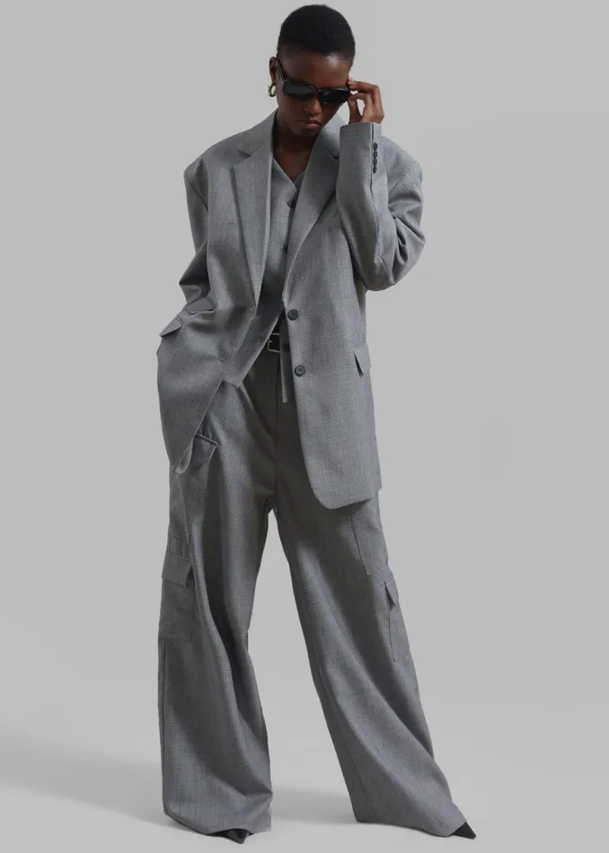 The Frankie Shop Essie Oversized Wool Blazer 8211 Light Grey Plaid Shop Clothing