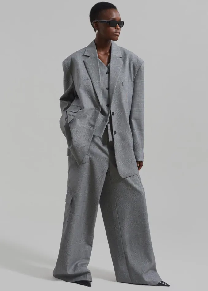 The Frankie Shop Essie Oversized Wool Blazer 8211 Light Grey Plaid Shop Clothing