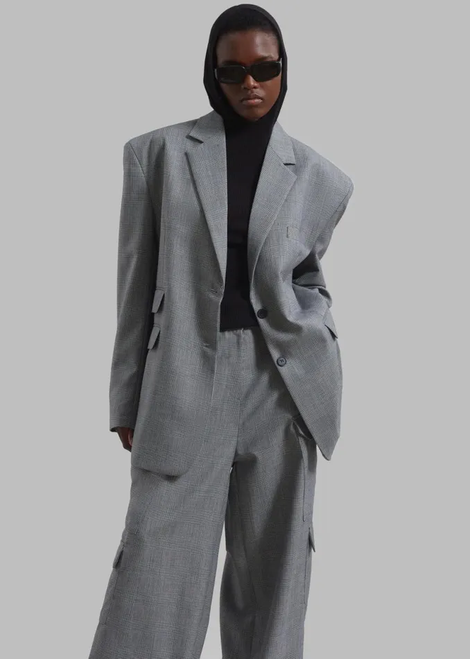 The Frankie Shop Essie Oversized Wool Blazer 8211 Light Grey Plaid Shop Clothing