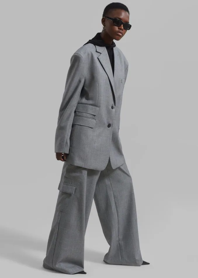 The Frankie Shop Essie Oversized Wool Blazer 8211 Light Grey Plaid Shop Clothing