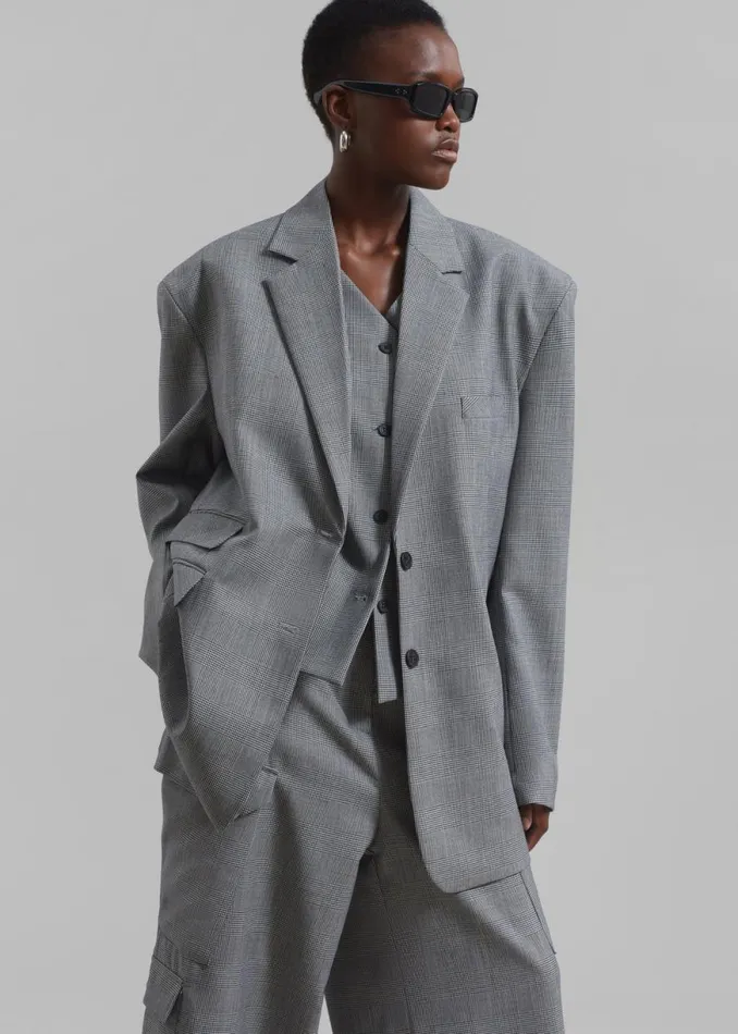 The Frankie Shop Essie Oversized Wool Blazer 8211 Light Grey Plaid Shop Clothing