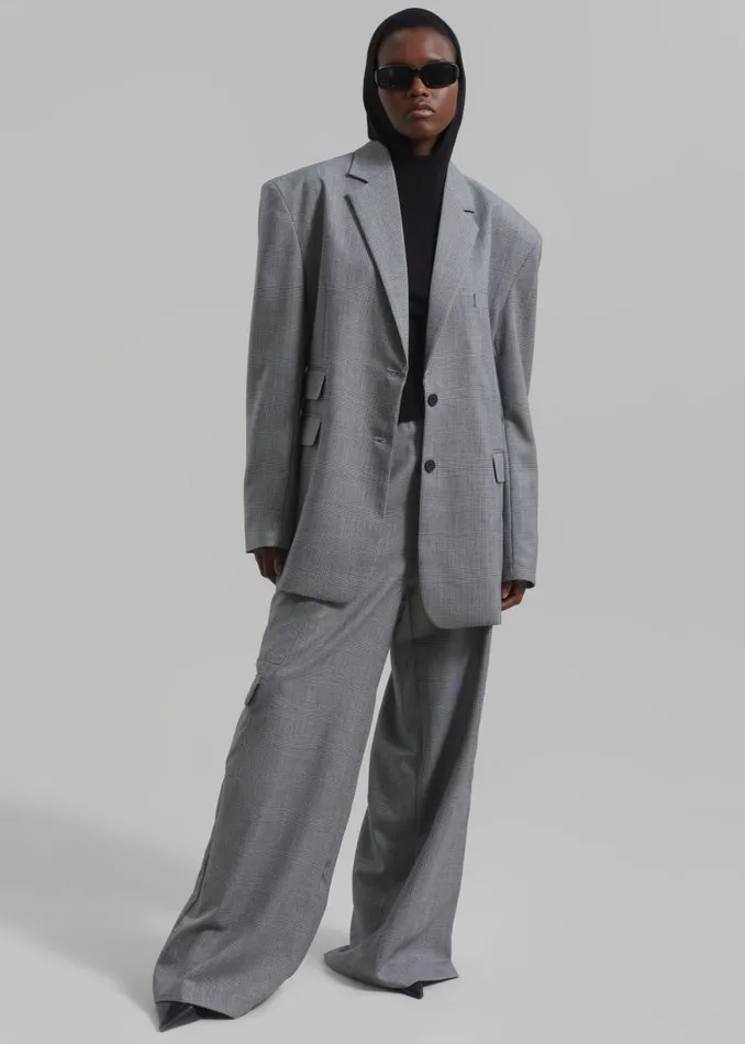 The Frankie Shop Essie Oversized Wool Blazer 8211 Light Grey Plaid Shop Clothing
