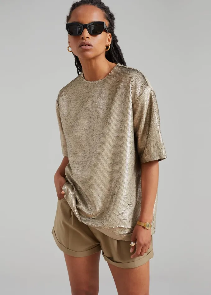 The Frankie Shop Jones Boxy Sequins Tee 8211 Bronze Shop Tops