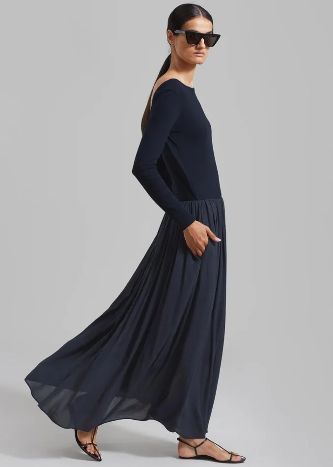 The Frankie Shop Odette Gathered Skirt Maxi Dress 8211 Navy Shop Dresses