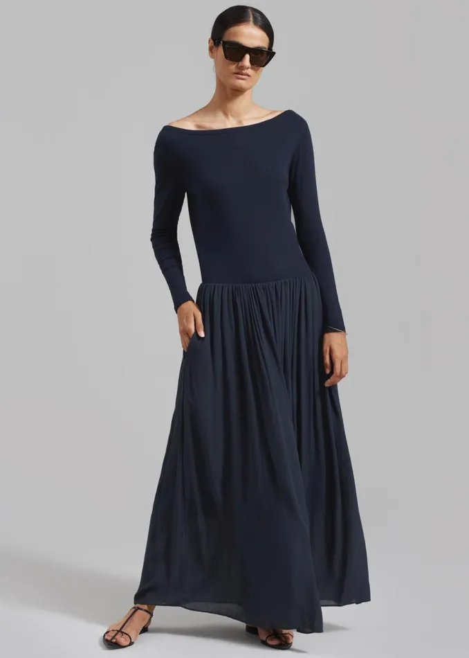 The Frankie Shop Odette Gathered Skirt Maxi Dress 8211 Navy Shop Dresses