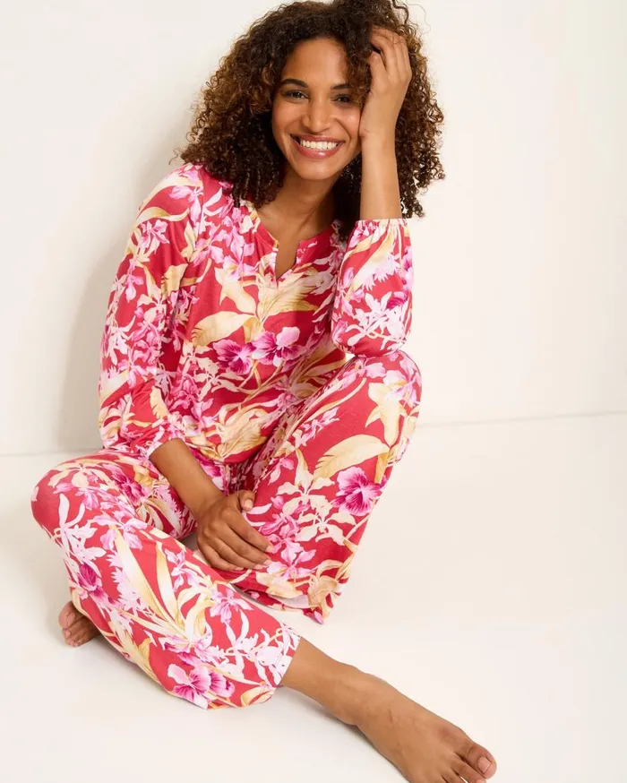 Tommy Bahama Sleepwear Jersey SplitNeck Long Sleeve and Pants Pajama Set Fuchsia Red 8211 Women